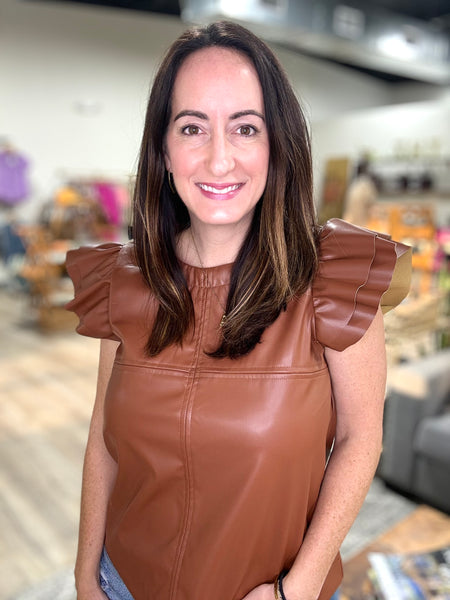 Brown Leather Flutter Sleeve Top