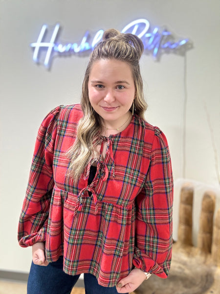 Red Plaid Bow Accent Top