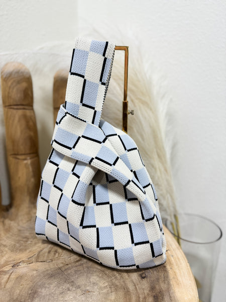 Gray Checkered Knit Tote Bag