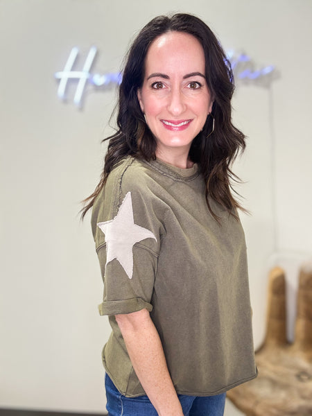 Olive Star Patched Top