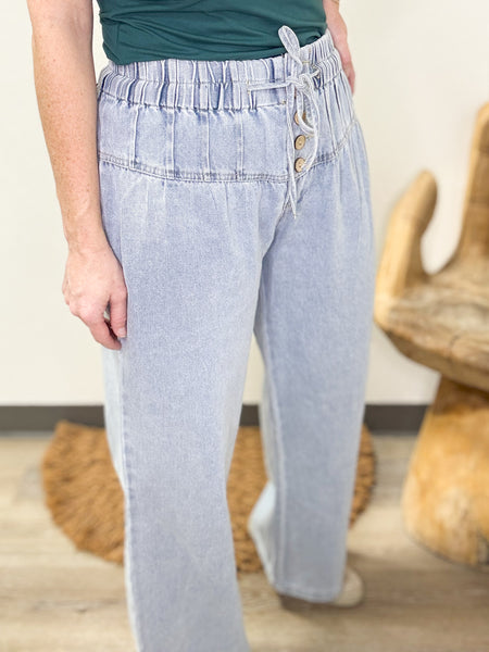 Denim Drawstring Wide Leg Pants