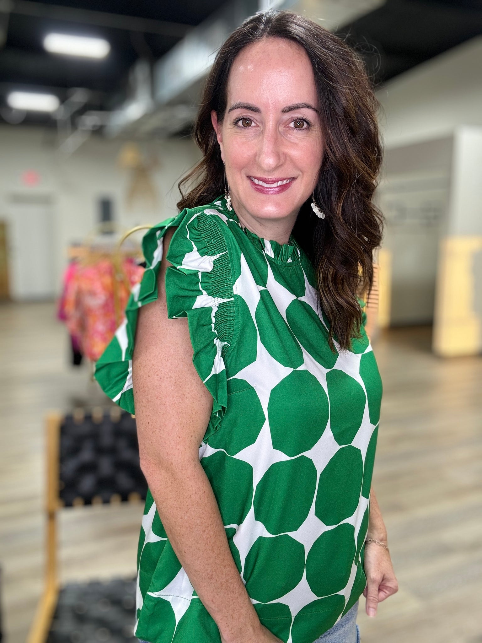 Kelly Green Dot Frilled Sleeve Top