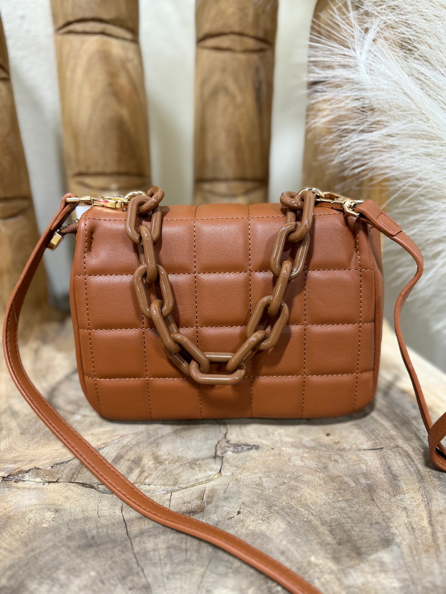 Brown Quilted Chain Crossbody