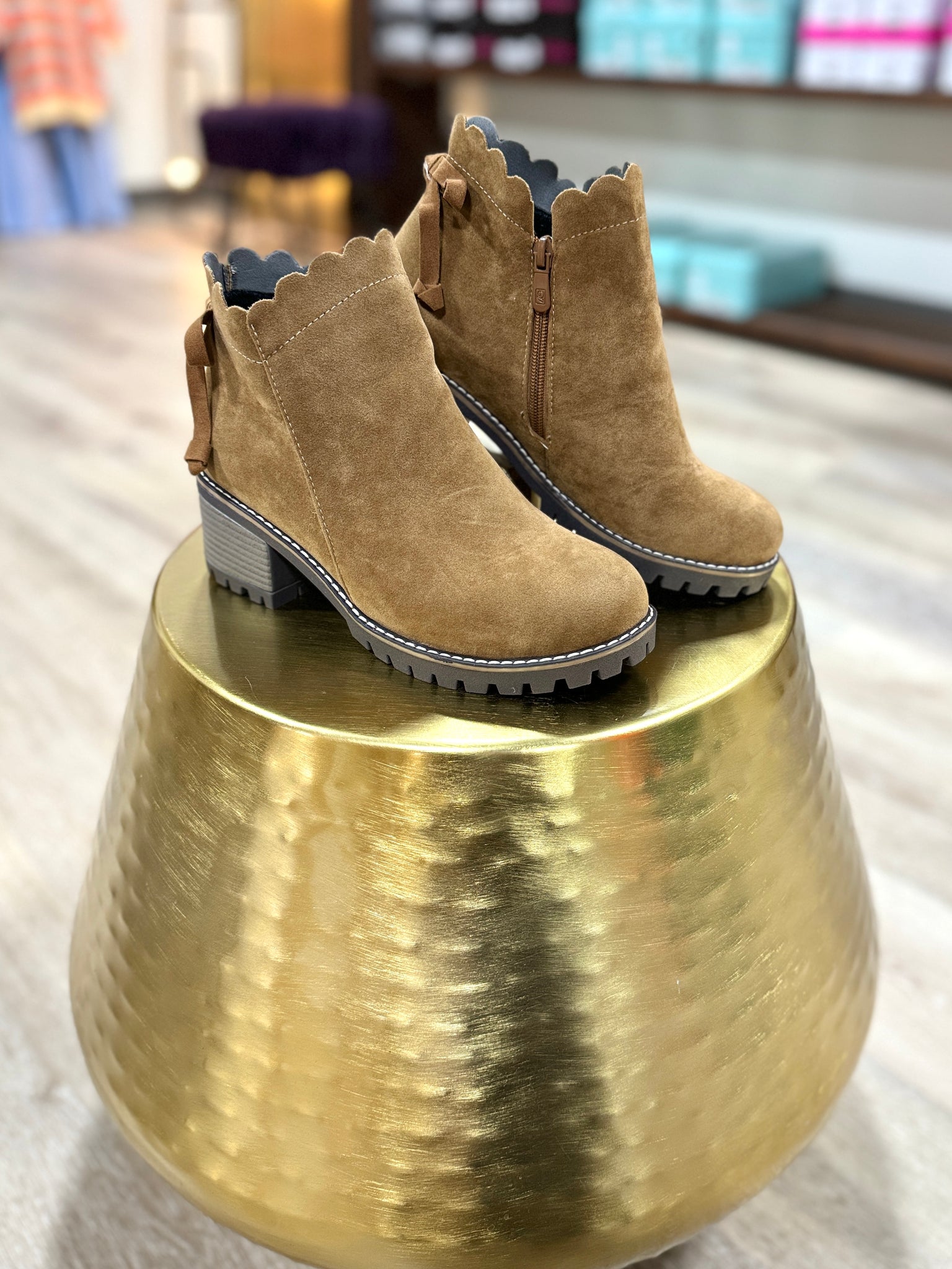 Camel Suede Scallop Booties