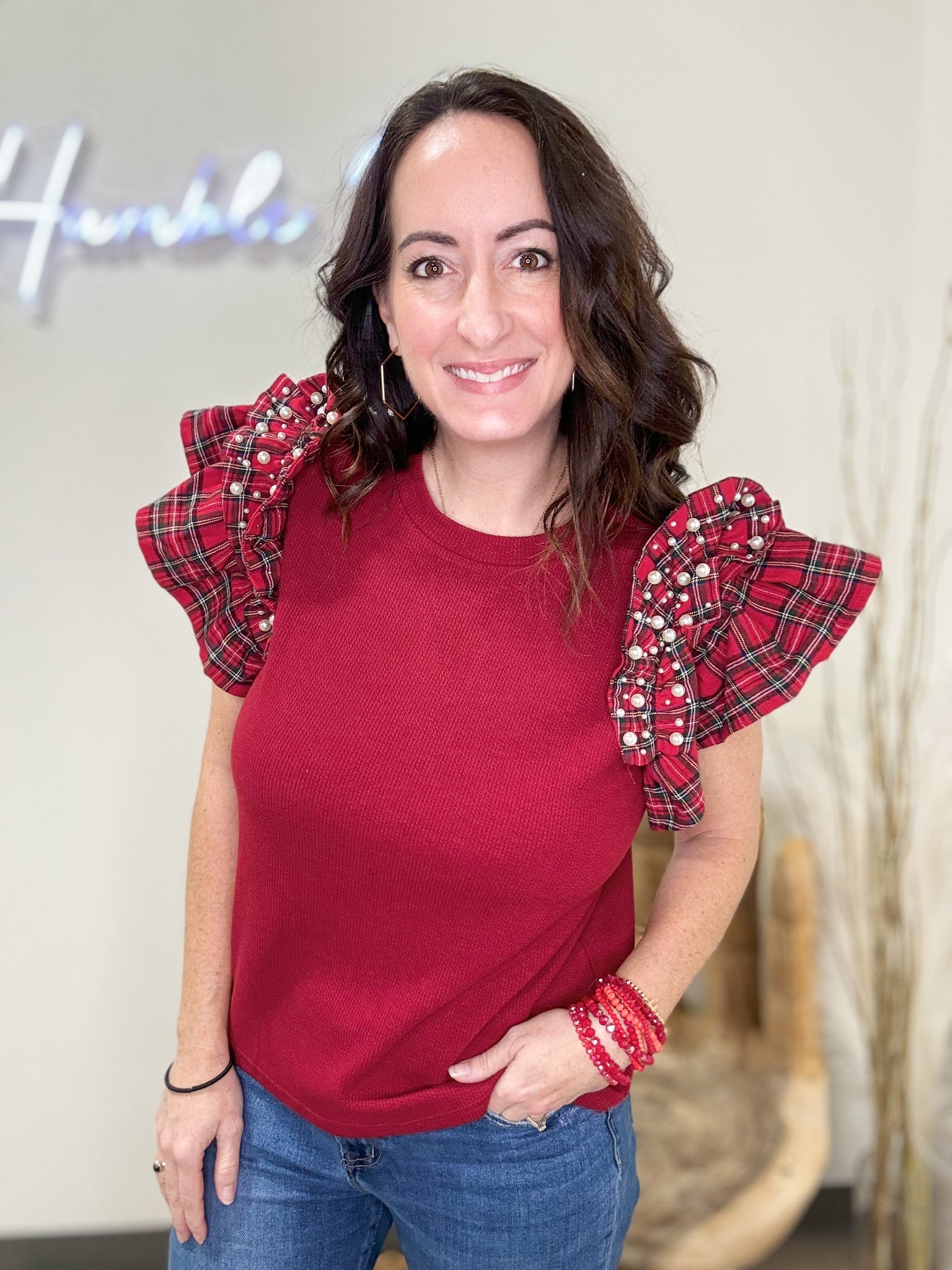 Burgundy Plaid Flutter Sleeve Top