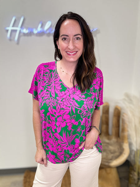 Green and Fuchsia Floral Top