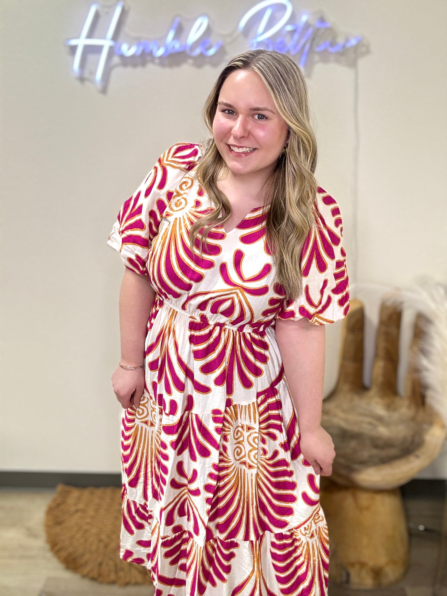 Magenta Abstract Midi Dress