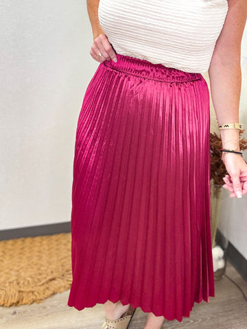 Wine Pleated Satin Skirt