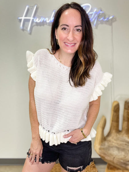 Cream Ruffled Short Sleeve Sweater