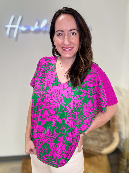 Green and Fuchsia Floral Top