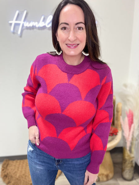 Fuchsia Red Scallop Print Sweater