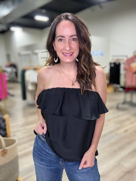 Black Strapless Ruffle Top