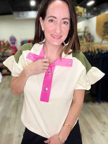 Color Block Ruffle Sleeve Collared Top