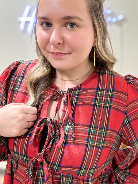 Red Plaid Bow Accent Top