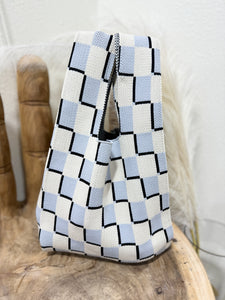 Gray Checkered Knit Tote Bag