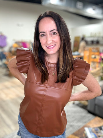 Brown Leather Flutter Sleeve Top