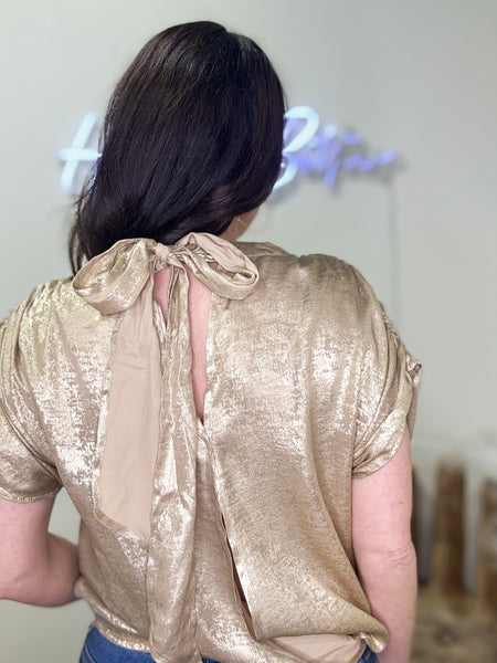 Metallic Gold Ruched Sleeve Top