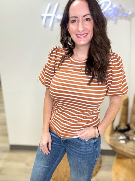 Rust Striped Puff Sleeve Top