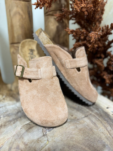 Corky’s Camel Suede Clogs