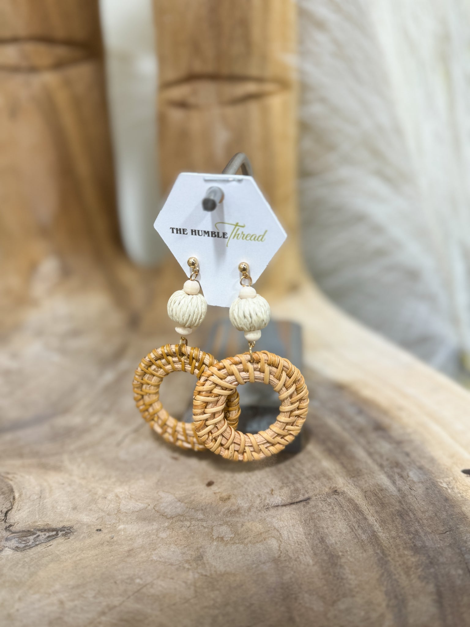 Natural Woven Rattan Circle Earrings