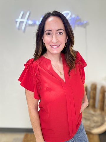 Red Ruffle Sleeve V-Neck Top