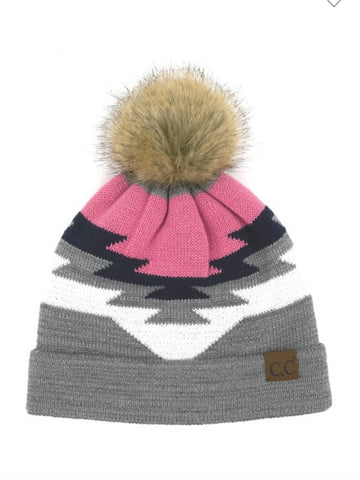 Grey Aztec Pom CC Beanie